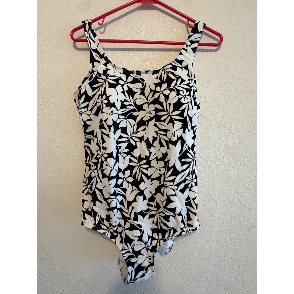 Lands End Womens 14P Black White Floral One Piece Swimsuit Scoop Back 513152